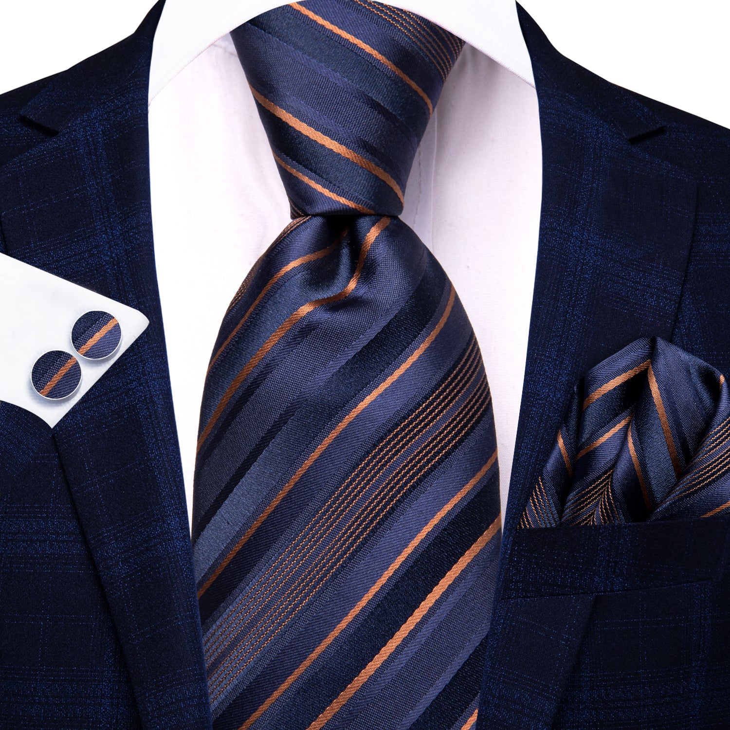 Hi-Tie Blue Orange Striped Men's Tie Pocket Square Cufflinks Set