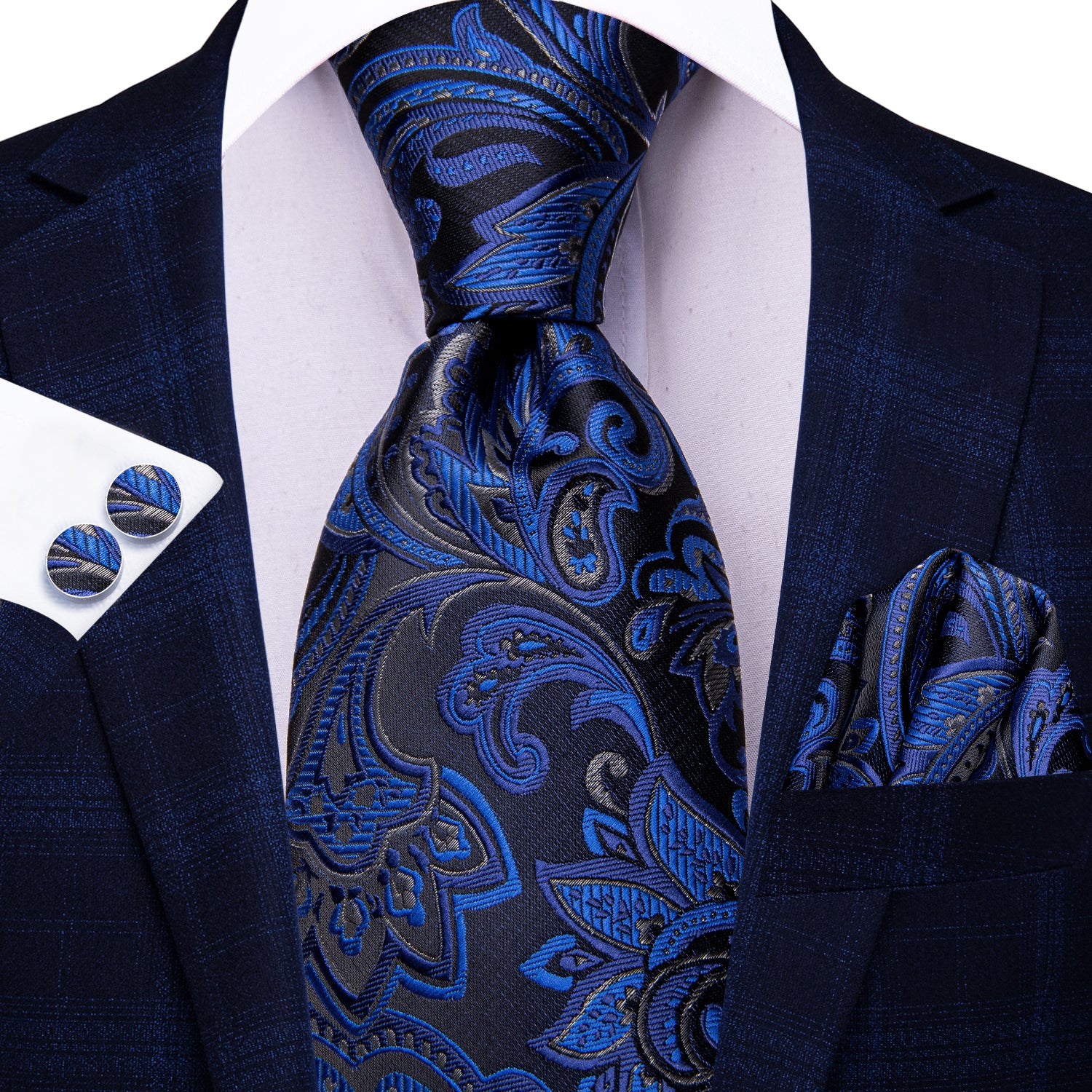 Hi-Tie Royal Blue Paisley Men's Tie Pocket Square Cufflinks Set