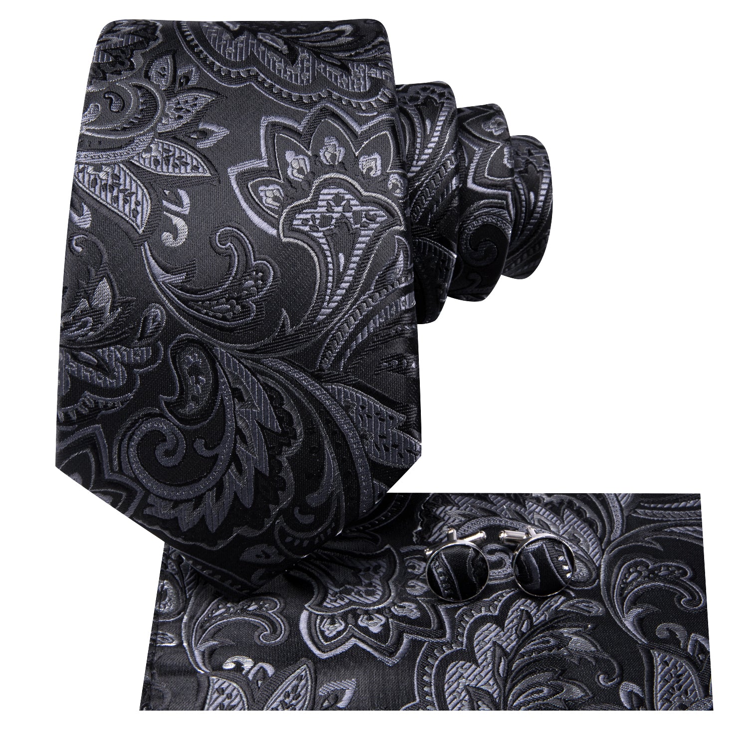 Hi-Tie Black Grey Paisley Men's Tie Pocket Square Cufflinks Set