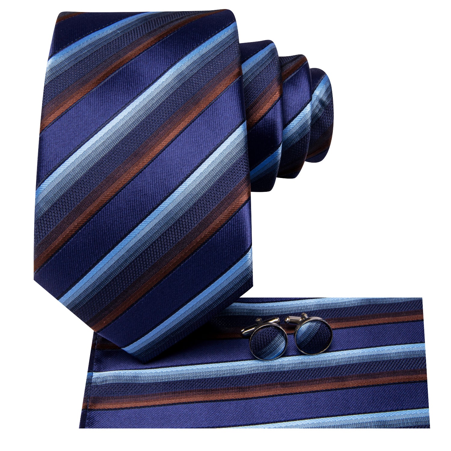 Hi-Tie Blue Red Striped Men's Tie Pocket Square Cufflinks Set