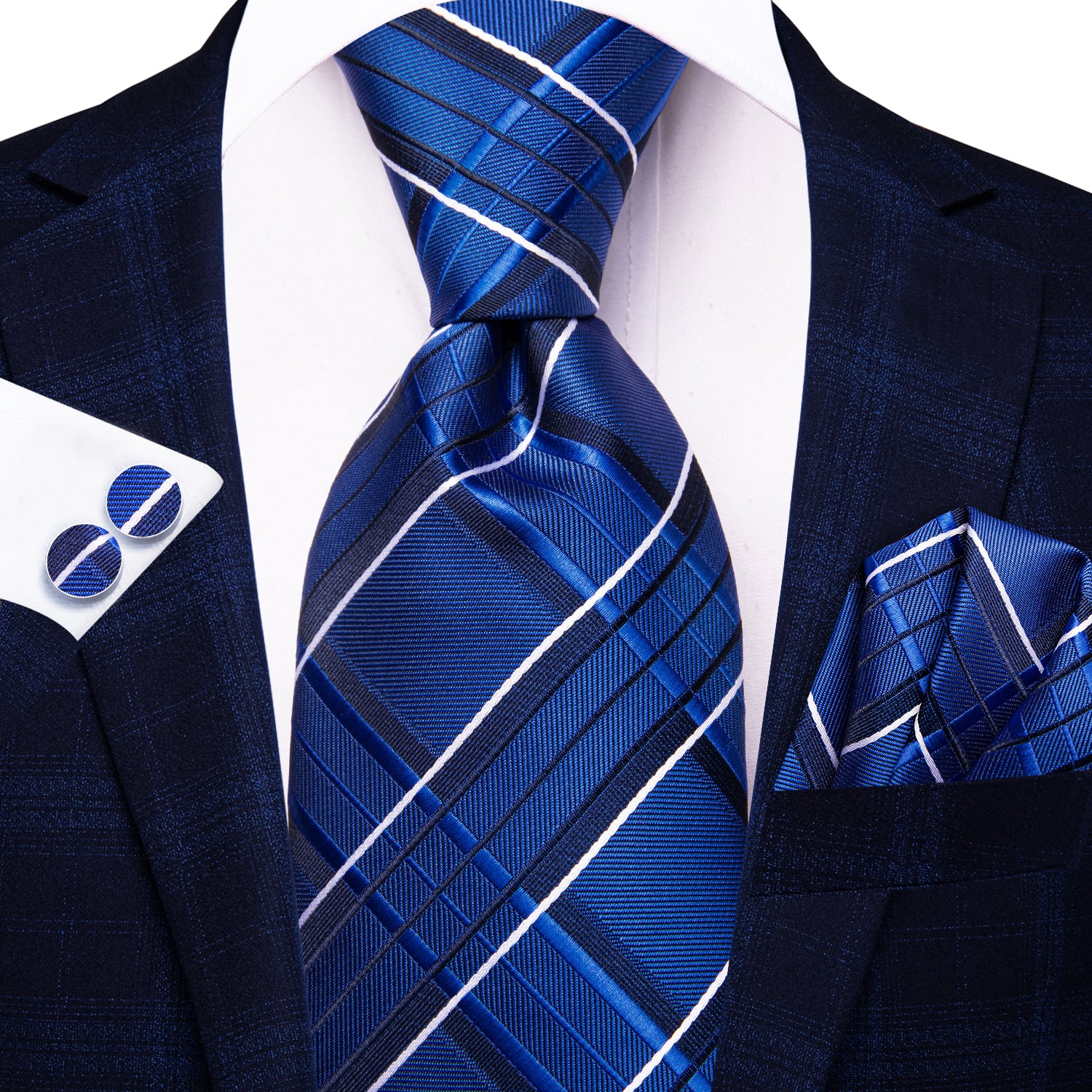 Hi-Tie Blue Black Plaid Men's Tie Pocket Square Cufflinks Set