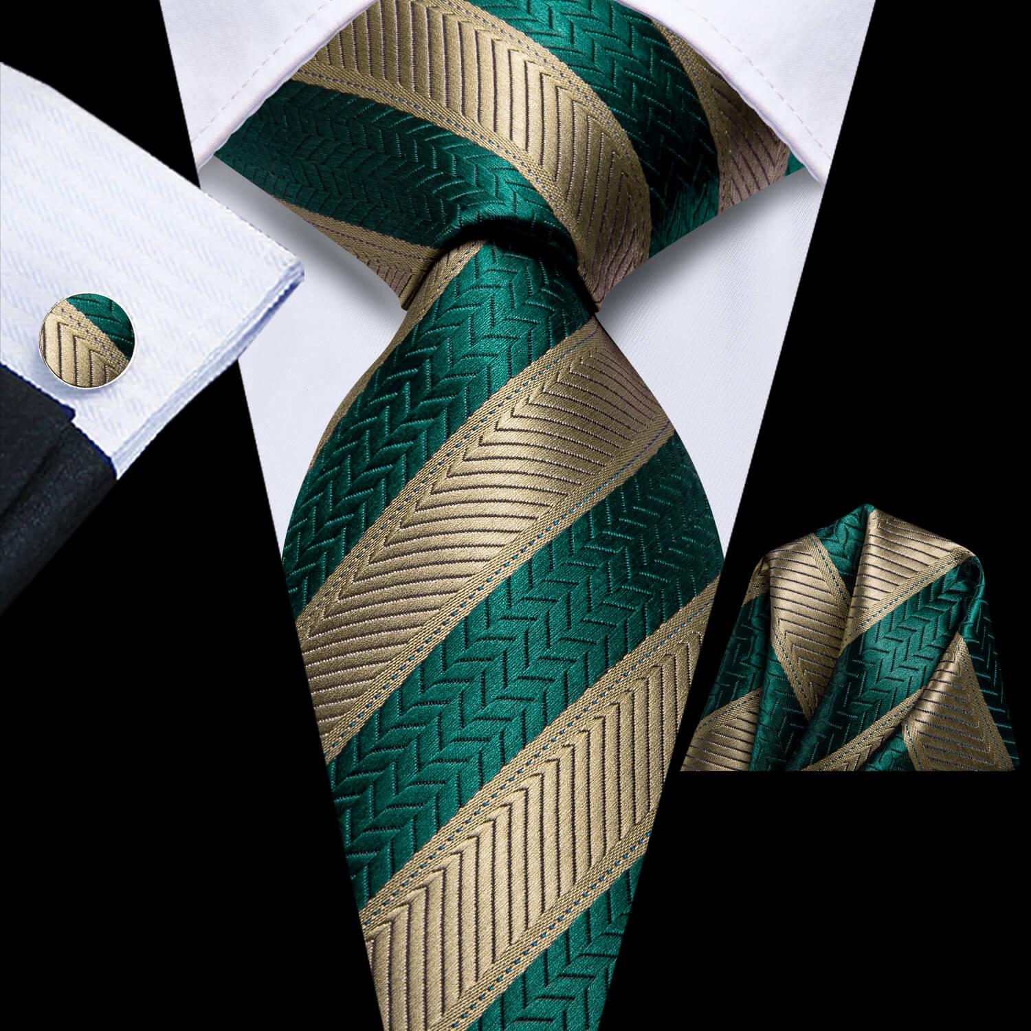 Hi-Tie Stripe Tie Teal Green Brown Tie Hanky Cufflinks Set for Men
