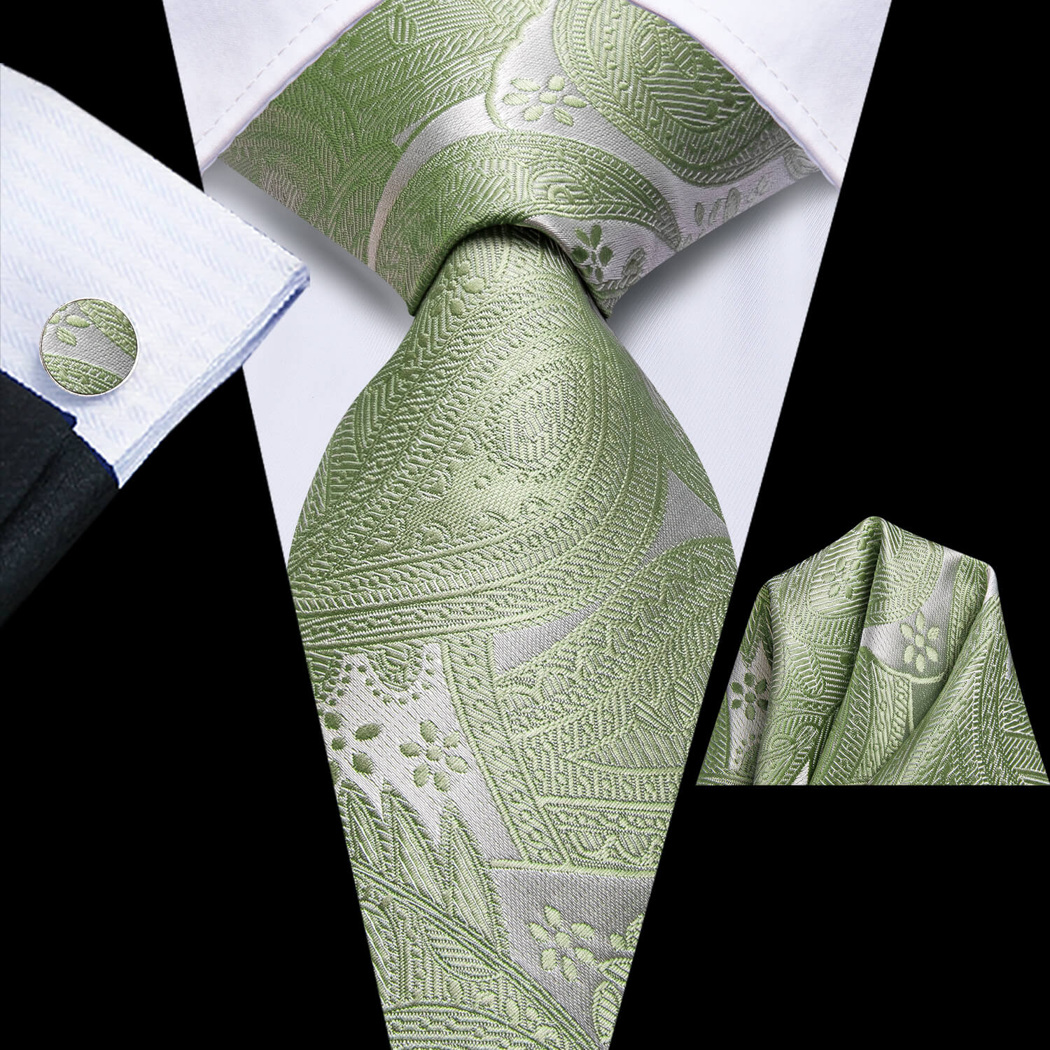 Hi-Tie Floral Tie Sage Green Grey Men's Tie Pocket Square Cufflinks Set