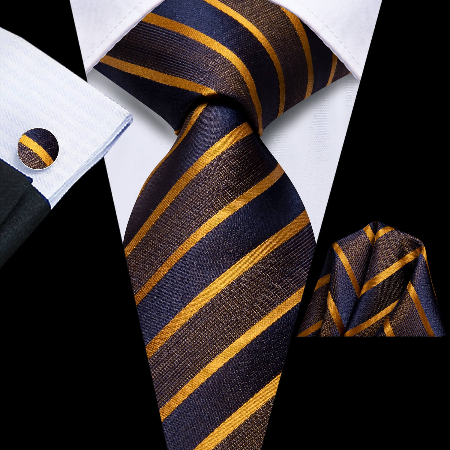 Hi-Tie Men's Tie Golden Brown Blue Silk Striped Tie Hanky Cufflinks Set