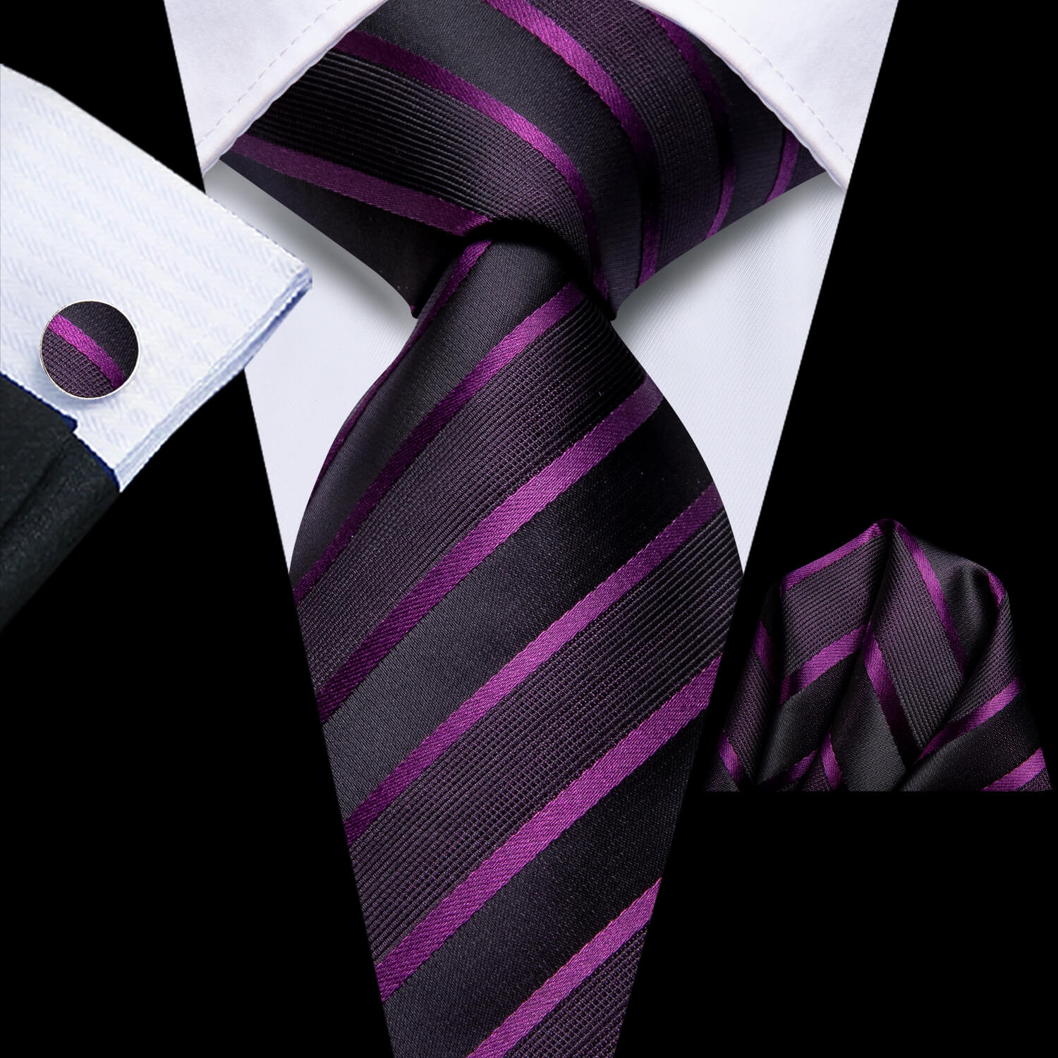 Hi-Tie Striped Tie Silk Purple Black  Tie Handkerchief Cufflinks Set
