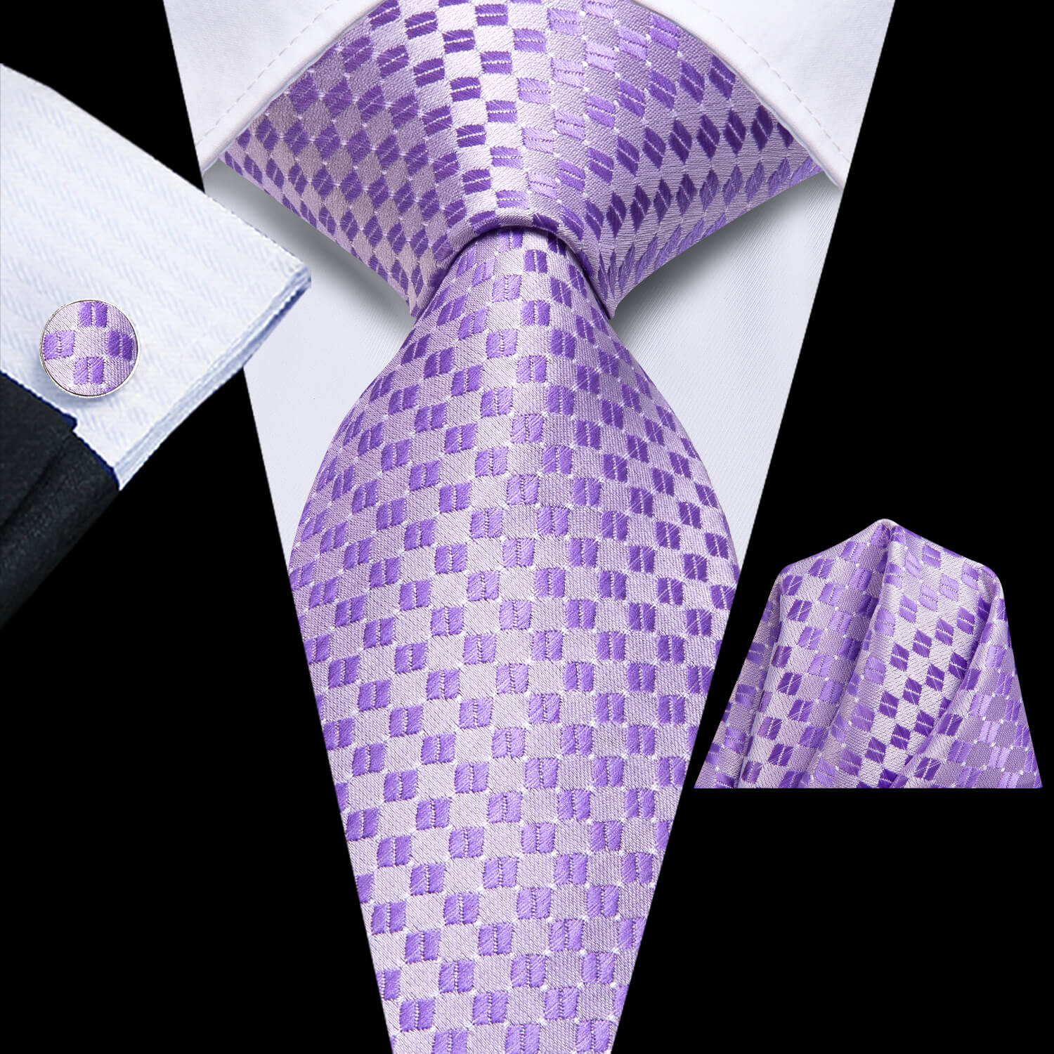 Hi-Tie Silk Purple Tie Plaid Men's Tie Handkerchief Cufflinks Set
