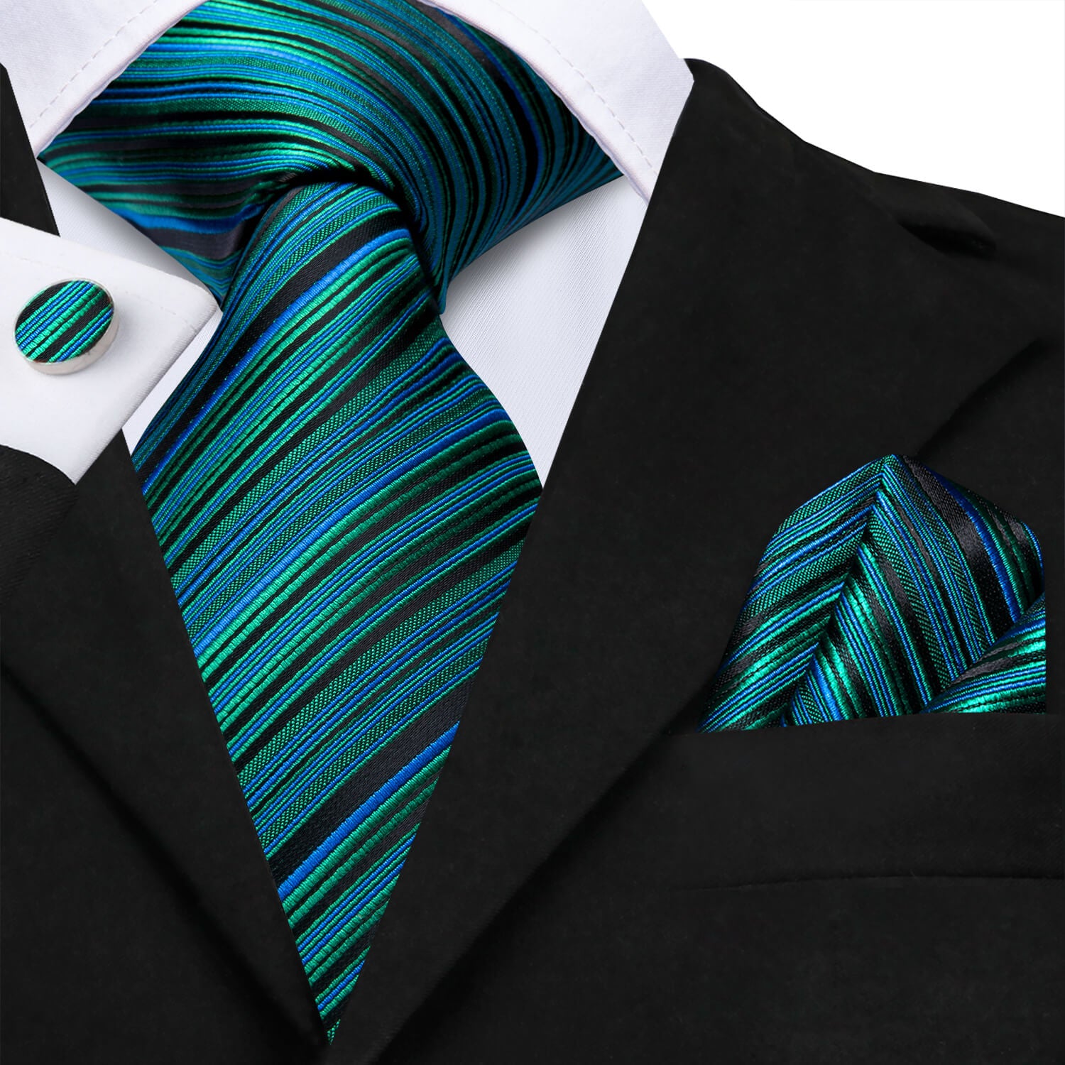 Hi-Tie Striped Teal Tie with Pocket Square and Cufflinks