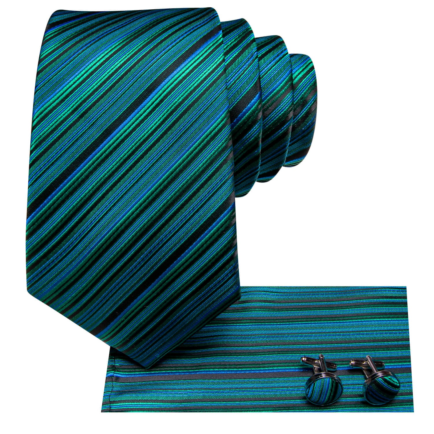 Hi-Tie Striped Teal Tie with Pocket Square and Cufflinks