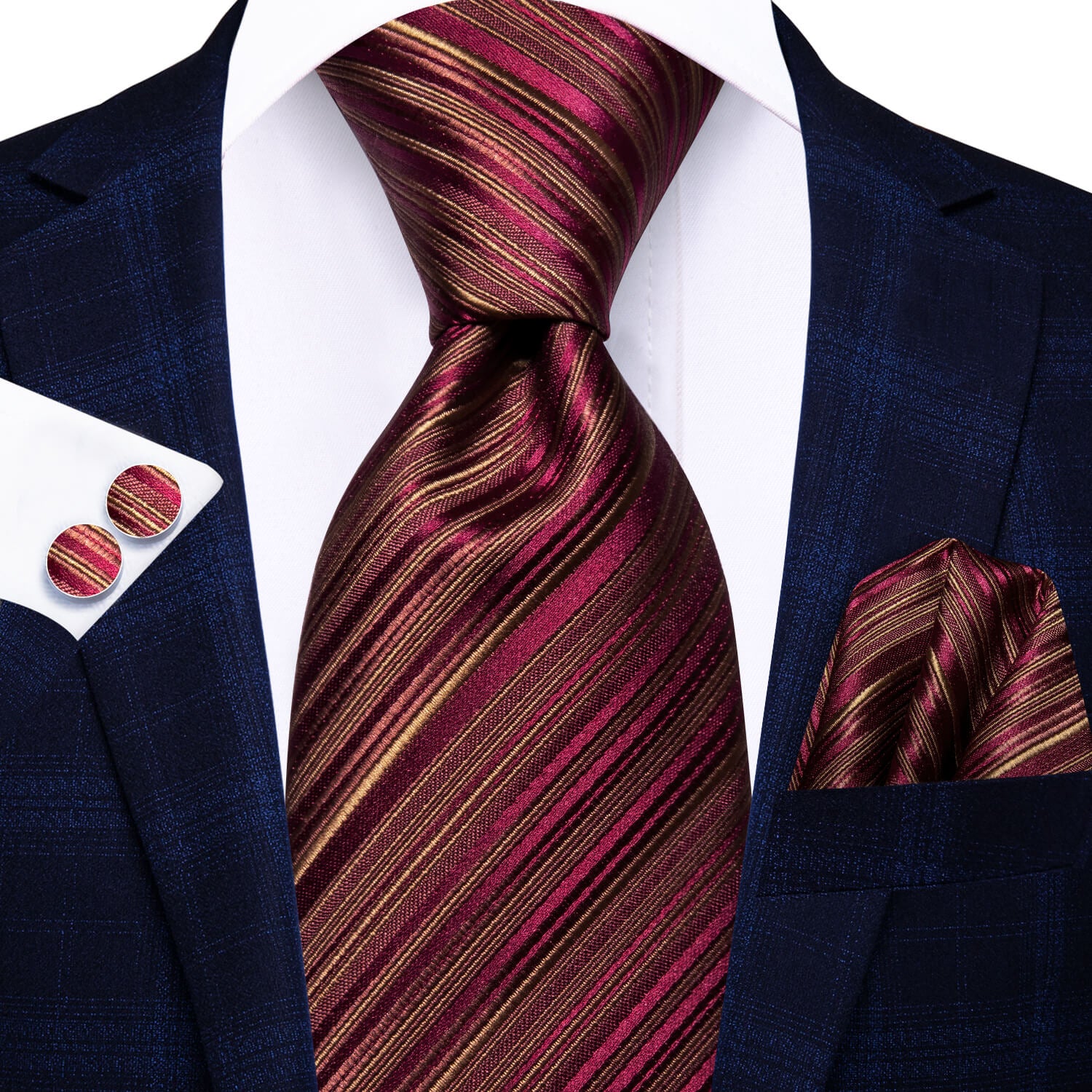 Striped Wine Red Tie with Pocket Square and Cufflinks