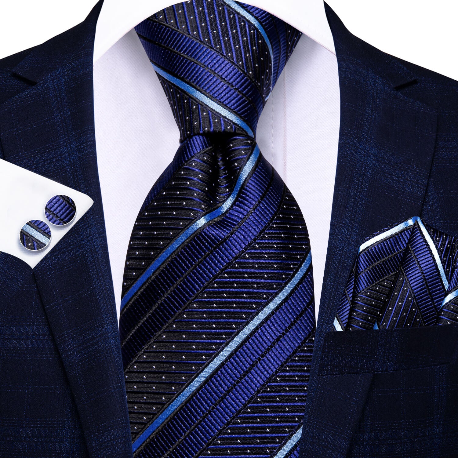 Dark Blue Tie with White Stripes Pocket Square Cufflinks Set
