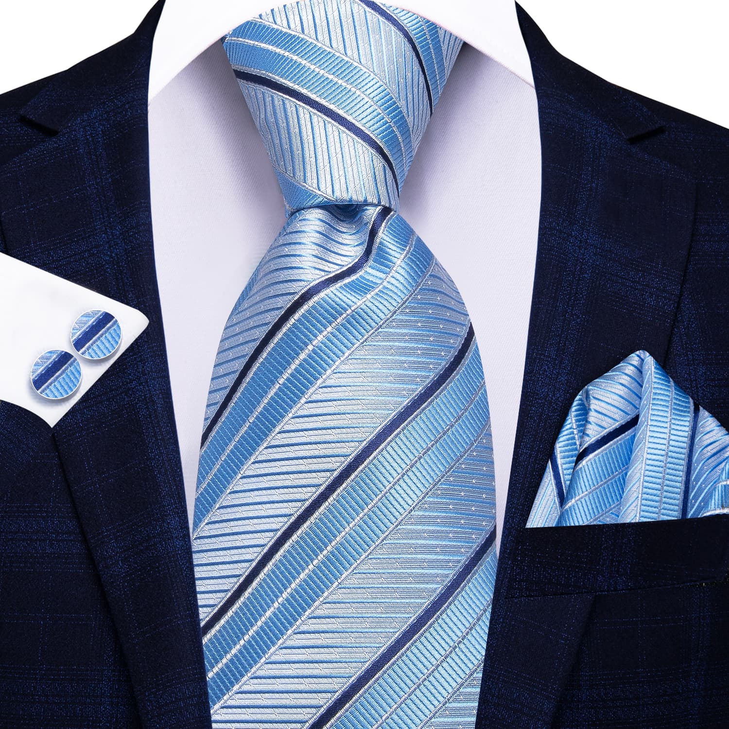 Striped Tie Sky Blue Silk Necktie Set for Men