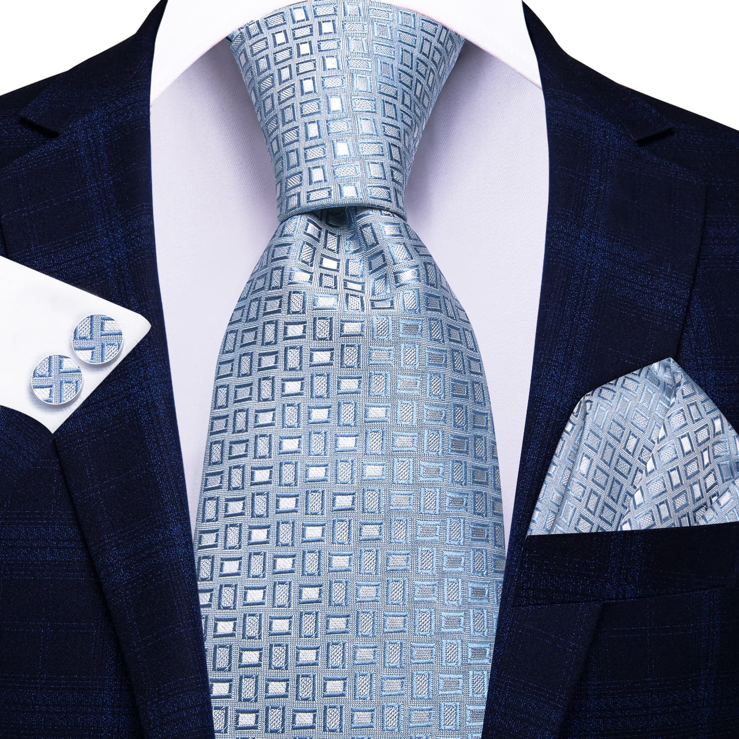 Hi-Tie Geometric Tie Light BLue Silk Necktie Set for Men