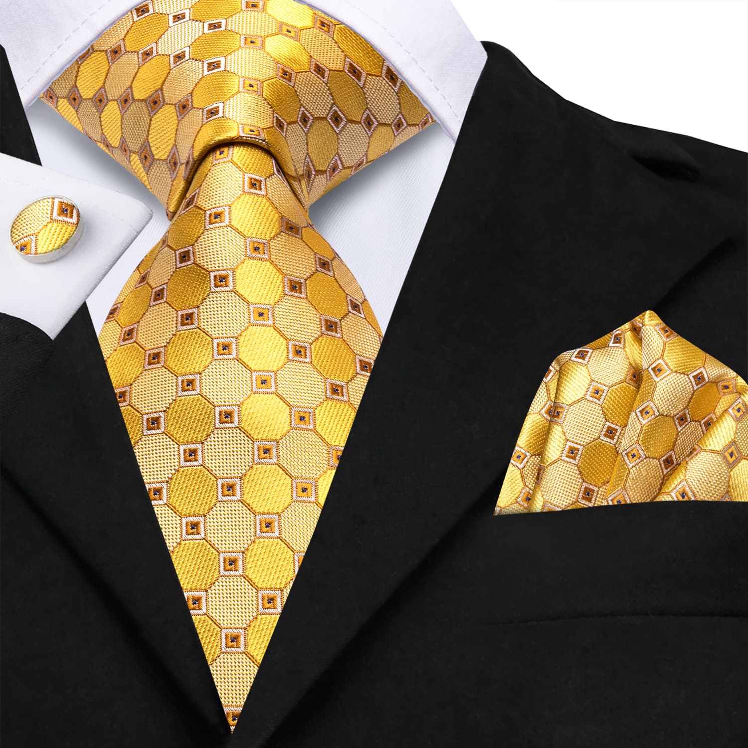 Plaid Yellow Tie Jacquard Silk Necktie Set for Men