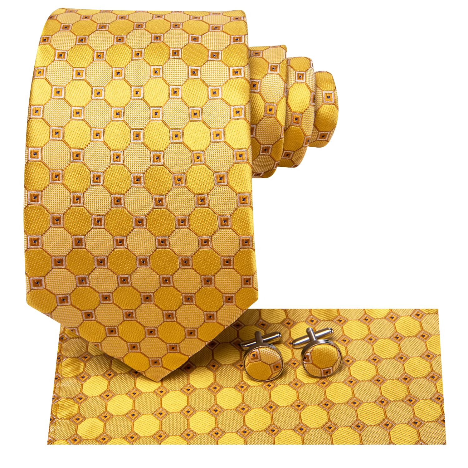 Plaid Yellow Tie Jacquard Silk Necktie Set for Men