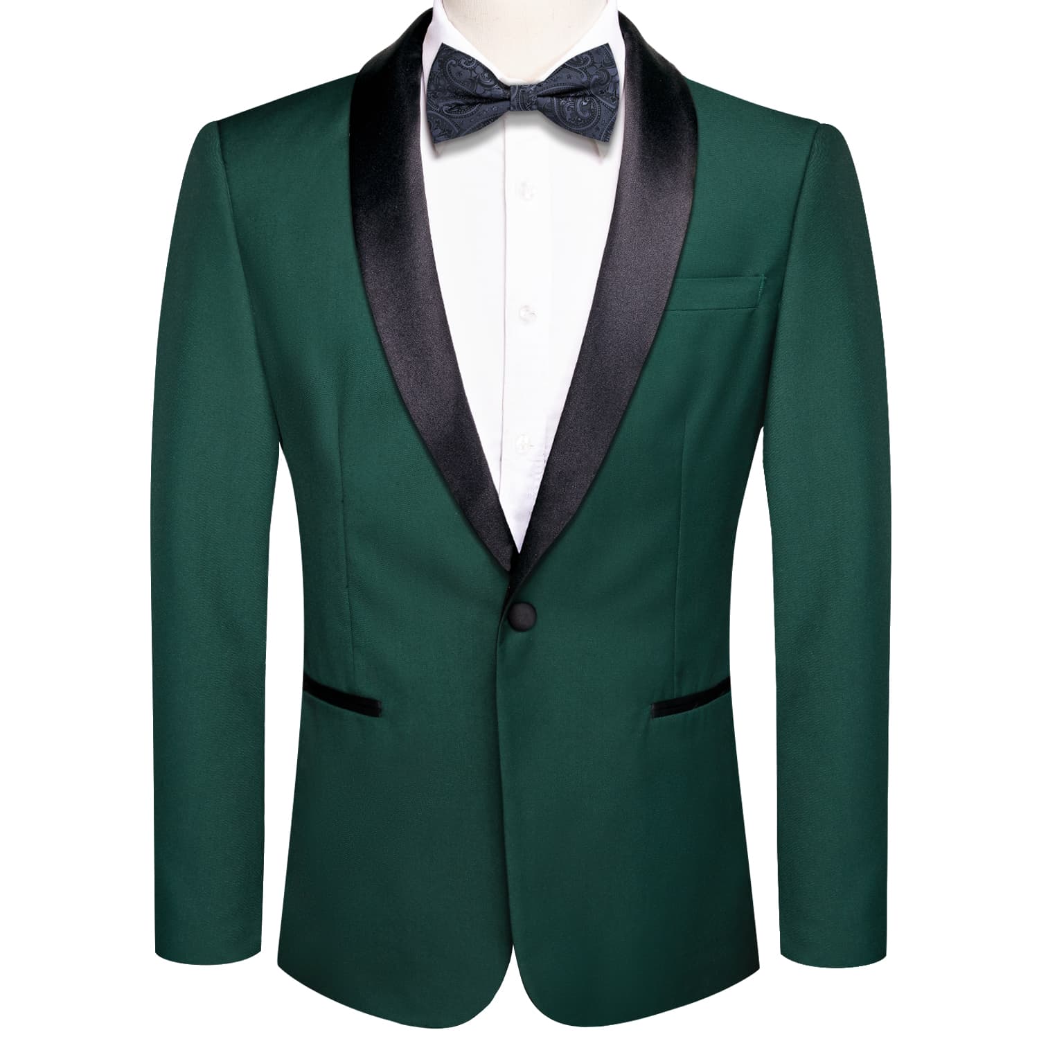 A sophisticated Hi-Tie Black Shawl Collar Green Solid Blazer paired with a matching Bowtie in a Men's Suit Set