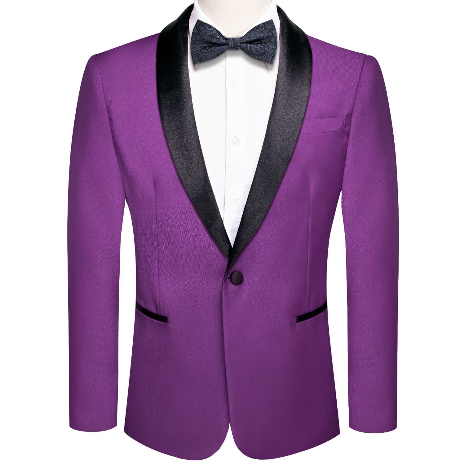 Black Shawl Collar DarkOrchid Purple Solid Blazer Bowtie Suit Set