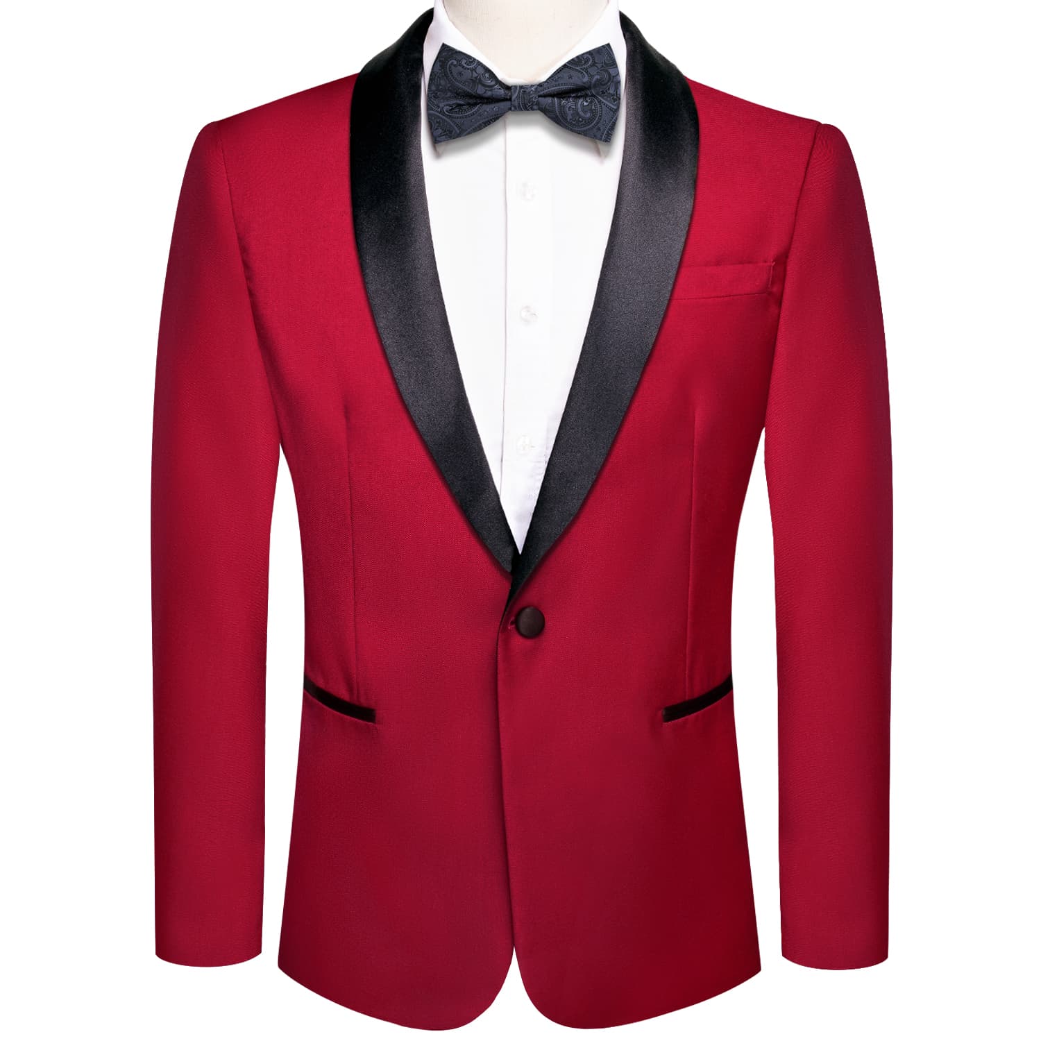 Black Shawl Collar Crimson Red Solid Blazer Bowtie Suit Set
