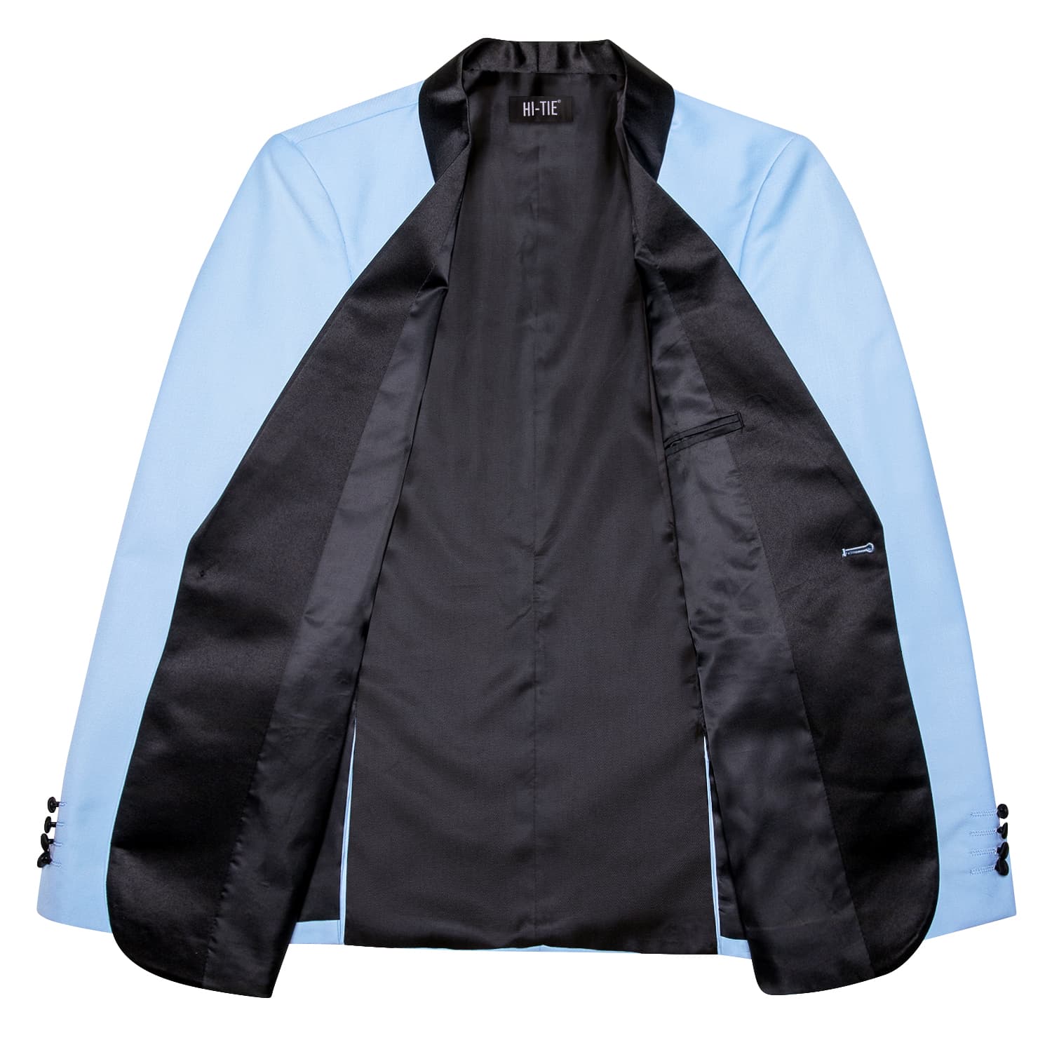 Black Shawl Collar Sky Blue Solid Blazer Bowtie Suit Set