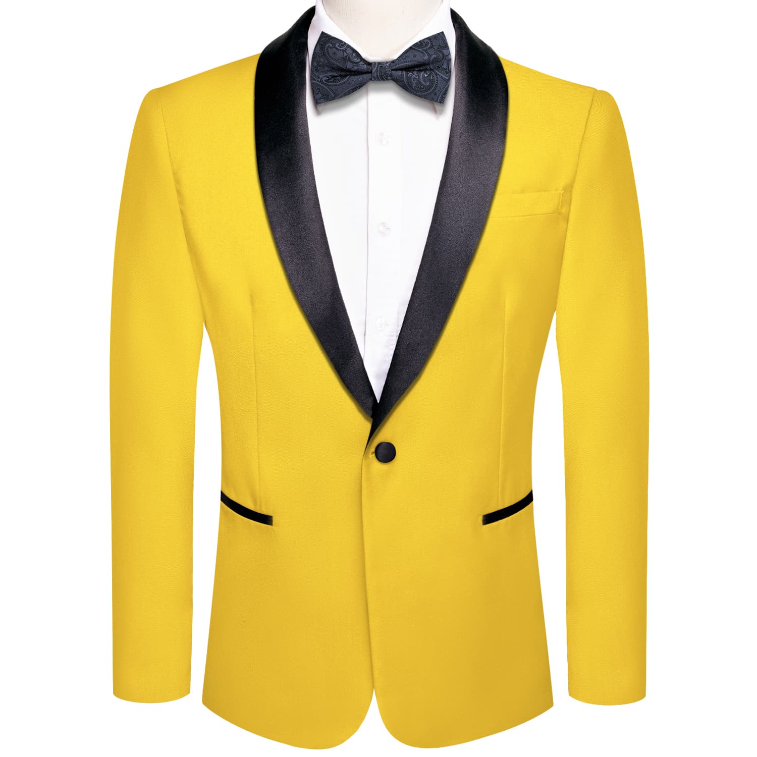 Hi-Tie Black Shawl Collar Gold Solid Blazer Bowtie Suit Set