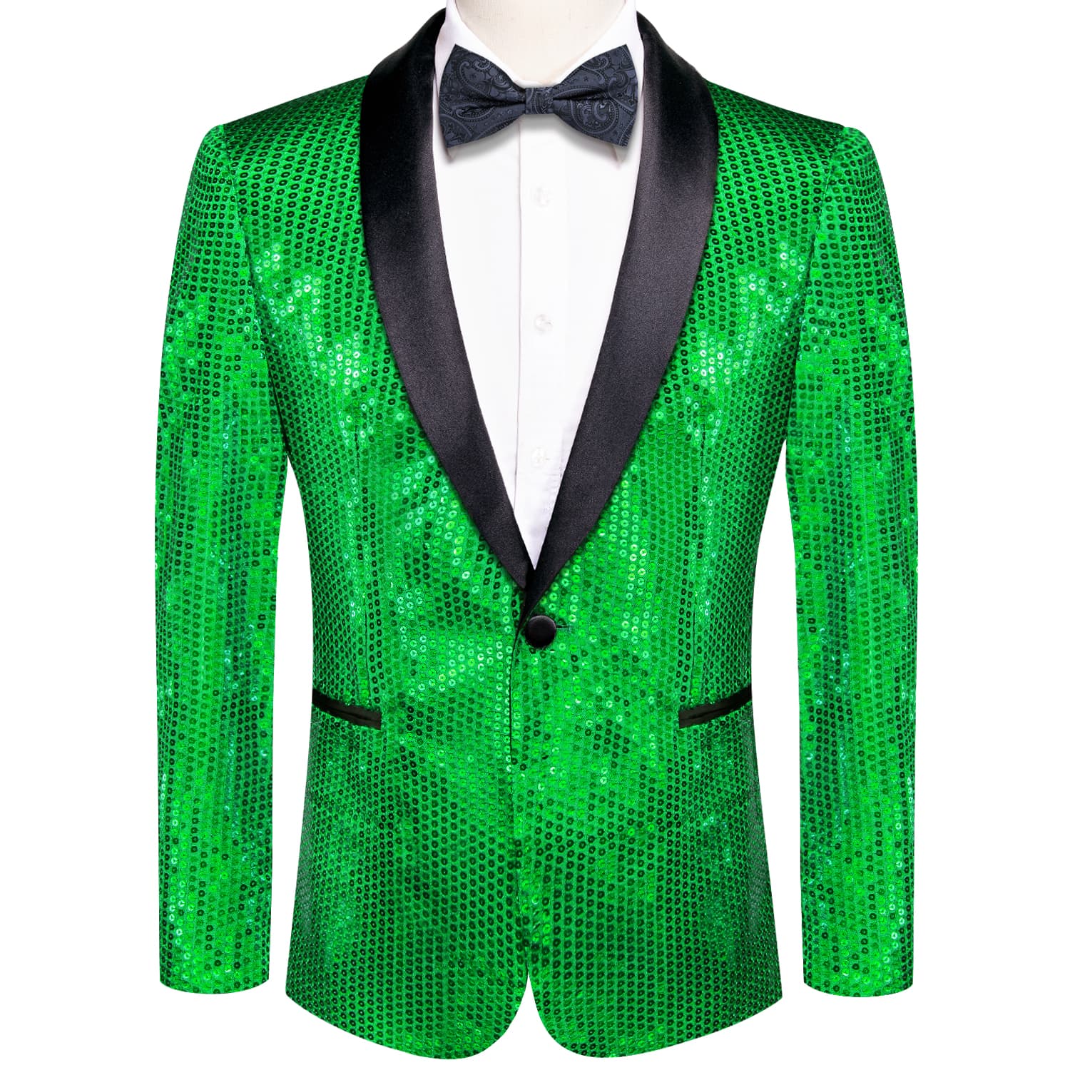 Sequin Blazer Black mens Shawl Collar Green Solid Suit Tie Set