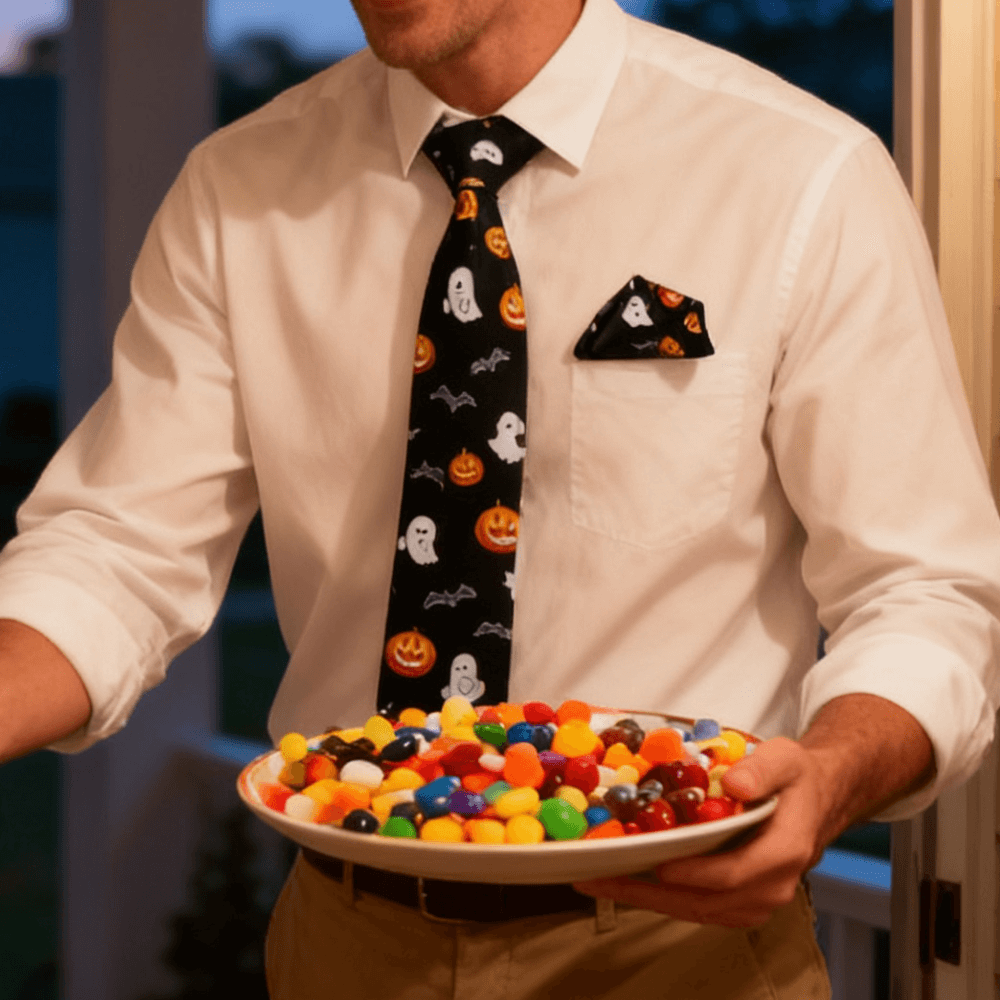 Hi-Tie Halloween Black Orange Ghost and Pumpkin Light Necktie Pocket Square Cufflinks Set