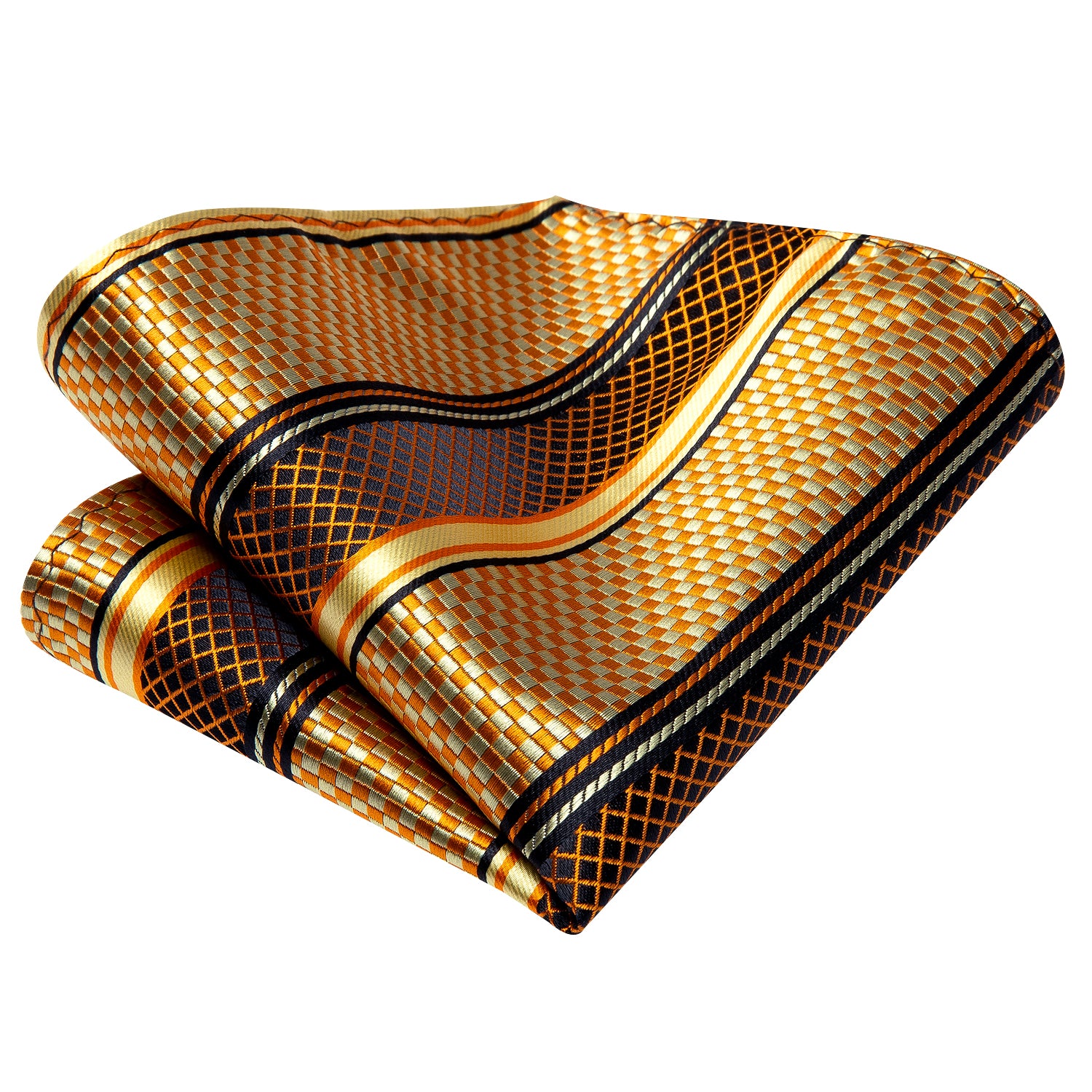 Men's Gold Plaid Striped Silk Tie Handkerchief Cufflinks Set