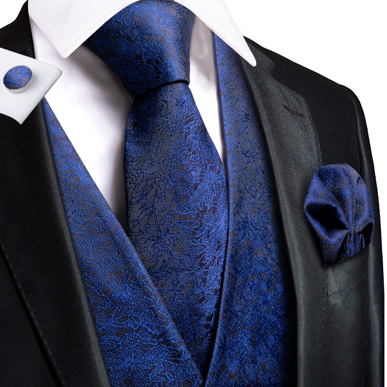 Navy Blue Floral Silk Men's Vest Hanky Cufflinks Tie Set Waistcoat Suit Set