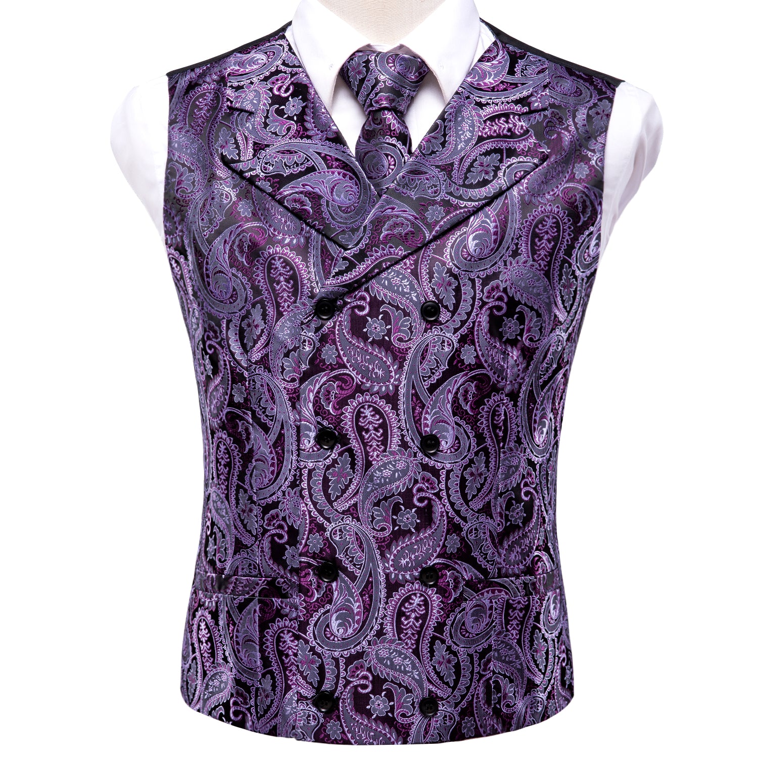 Purple Paisley Silk Men's Vest Hanky Cufflinks Tie Set Waistcoat Suit Set