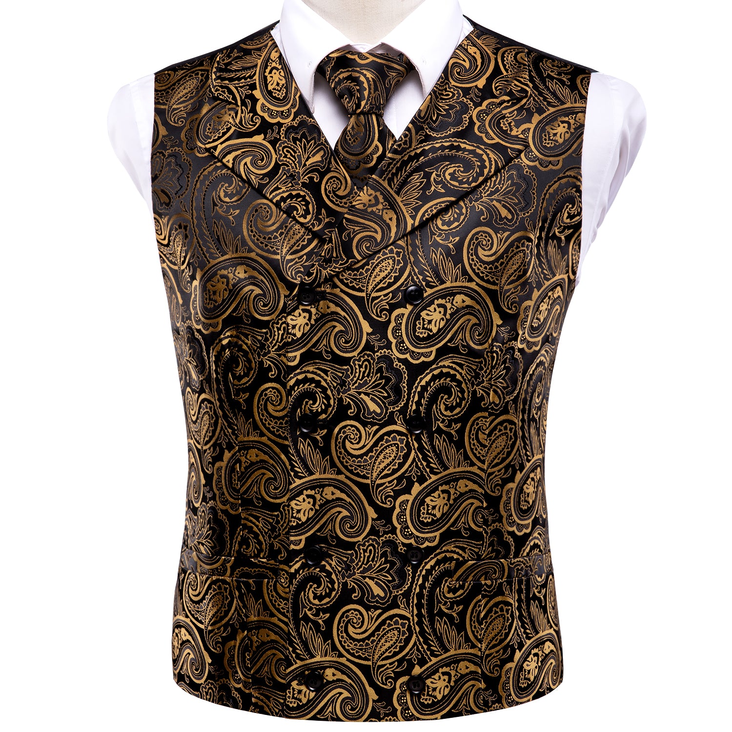 Black Brown Paisley Silk Men's Vest Hanky Cufflinks Tie Set Waistcoat Suit Set