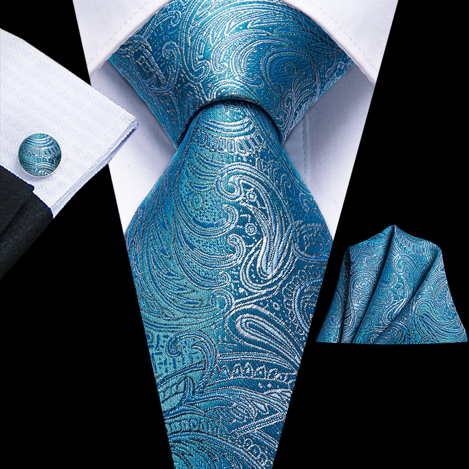 Blue Paisley Silk Men's Tie Pocket Square Cufflinks Set