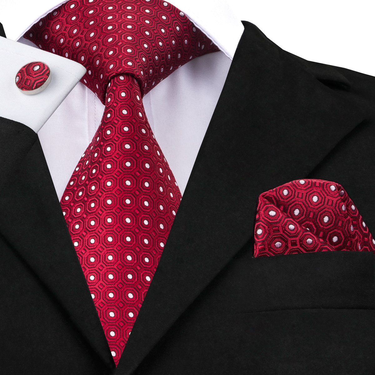 Red Geometric Tie Handkerchief Cufflinks Set with Wedding Brooch