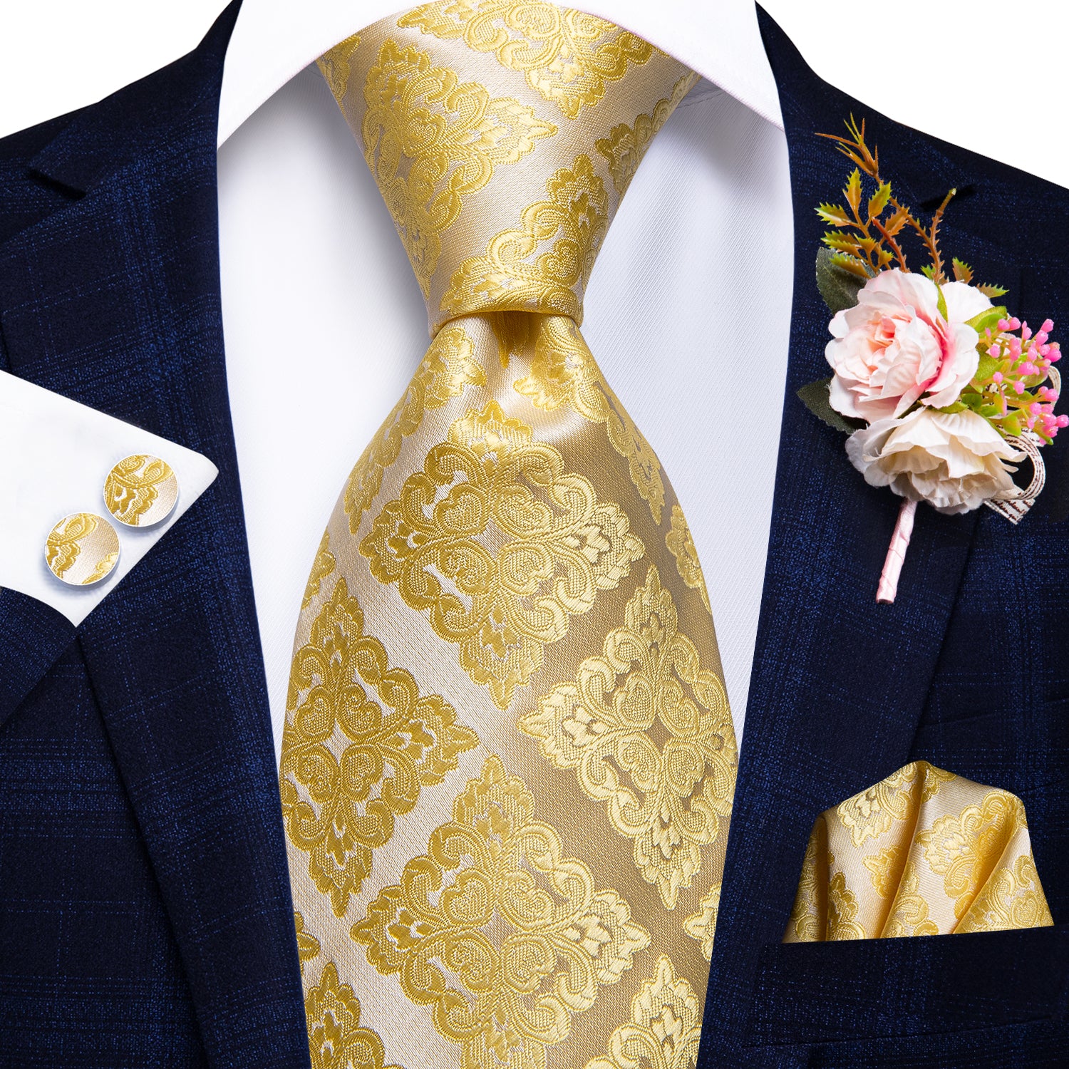 Golden Floral Tie Handkerchief Cufflinks Set with Wedding Brooch