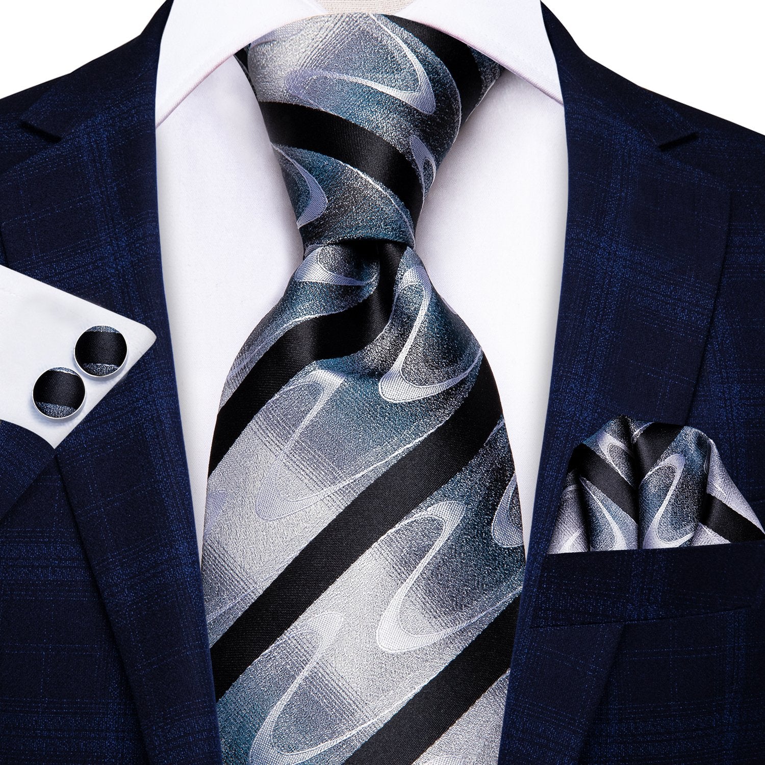 Black White Wave Striped Tie Handkerchief Cufflinks Set with Wedding Brooch