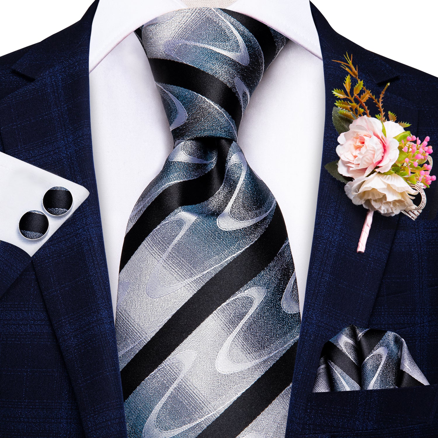 Black White Wave Striped Tie Handkerchief Cufflinks Set with Wedding Brooch