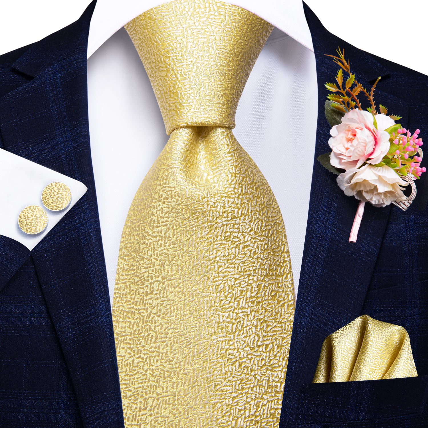 Golden Solid Tie Handkerchief Cufflinks Set with Wedding Brooch