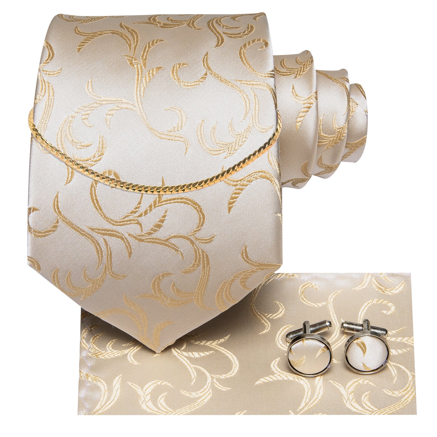 Champagne Silver Floral Tie Pocket Square Cufflinks Set With Golden Chain