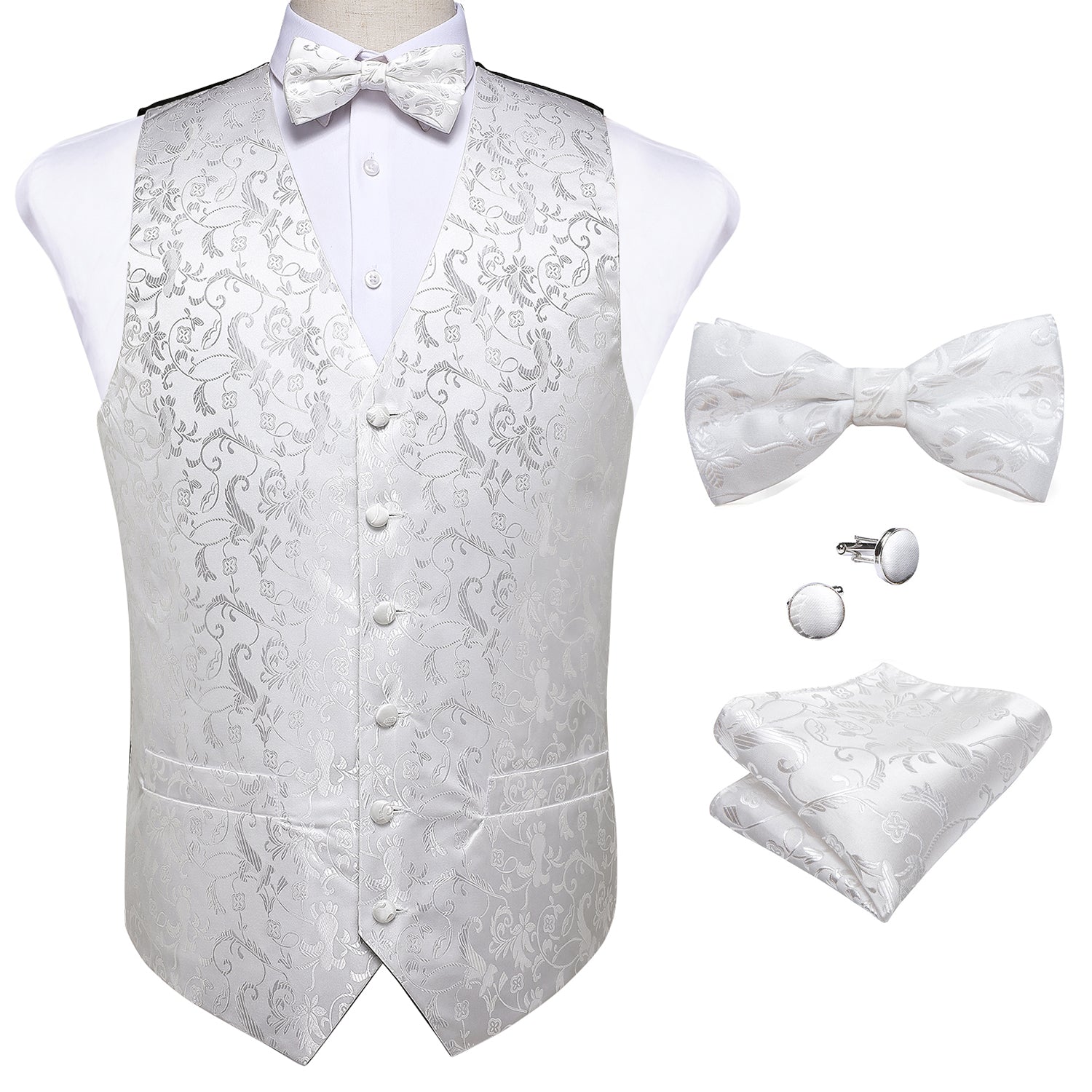 Luxury White Floral Silk Men's Vest Bow Tie Hanky Cufflinks Set