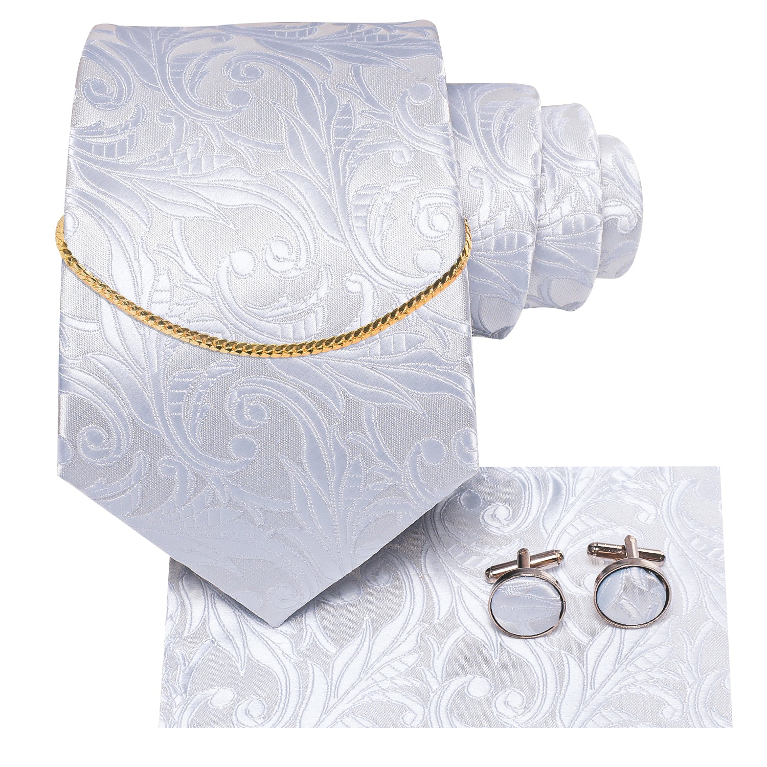 White Floral Tie Pocket Square Cufflinks Set With Golden Chain
