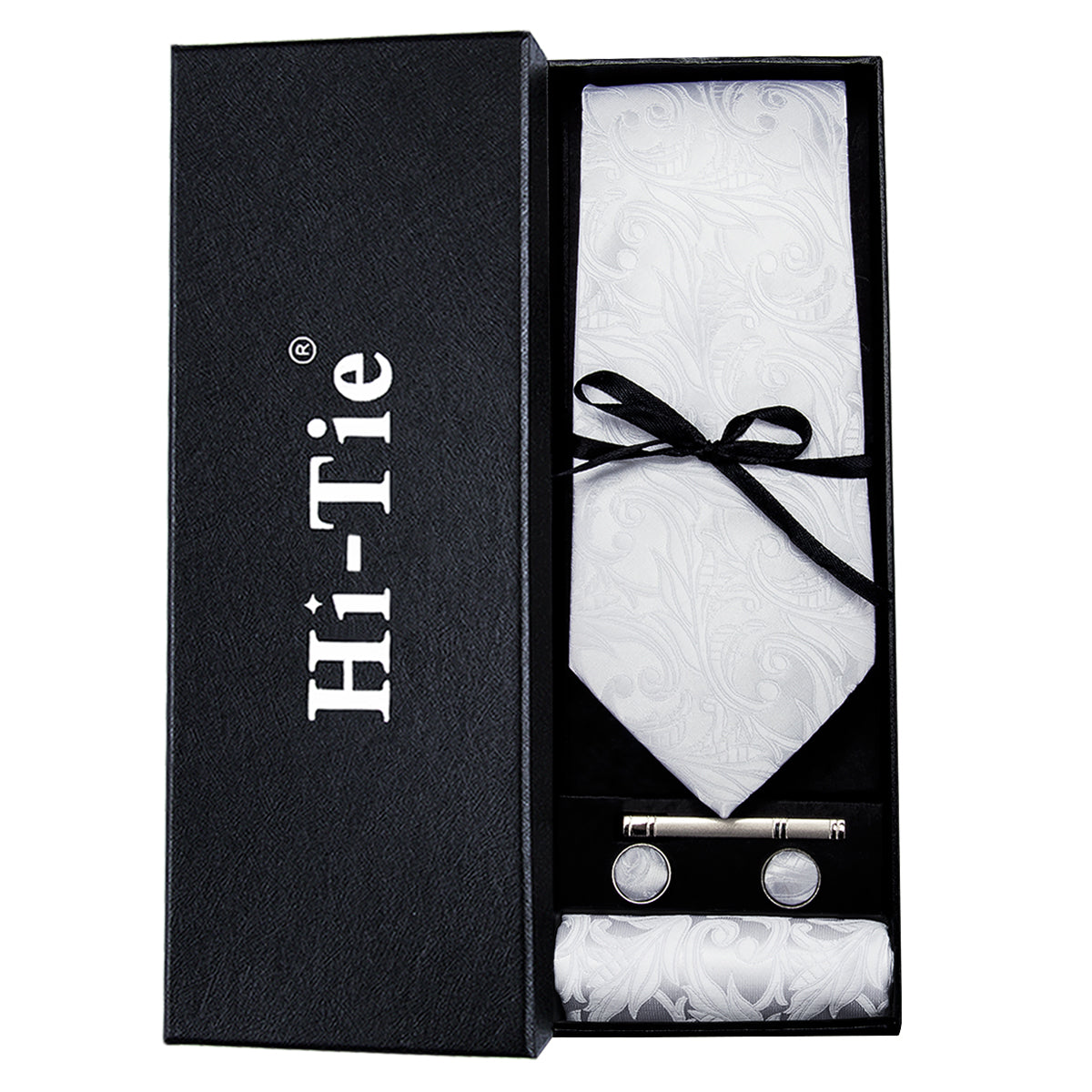 Silver White Floral Tie Pocket Square Cufflinks Gift Box Set