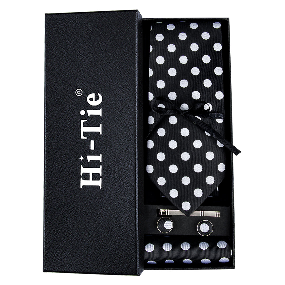 Classic Black White Polka Dot Tie Hanky Cufflinks Gift Box Set