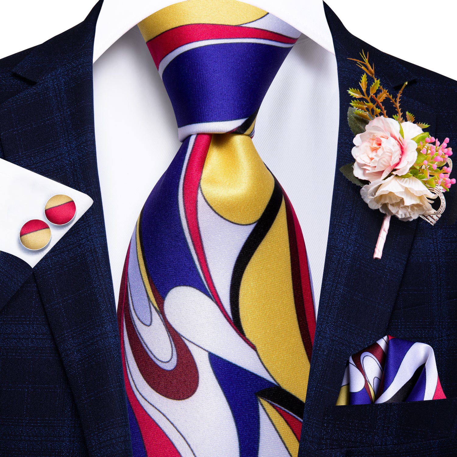 Red Yellow Blue Novelty Tie Handkerchief Cufflinks Set with Wedding Brooch