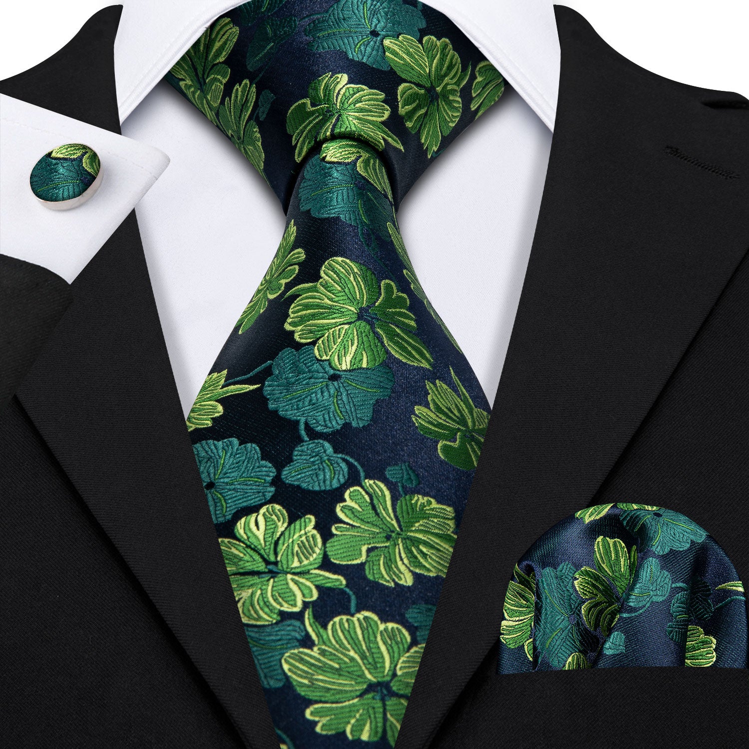 Solid Green Floral Necktie Pocket Square Cufflinks Set