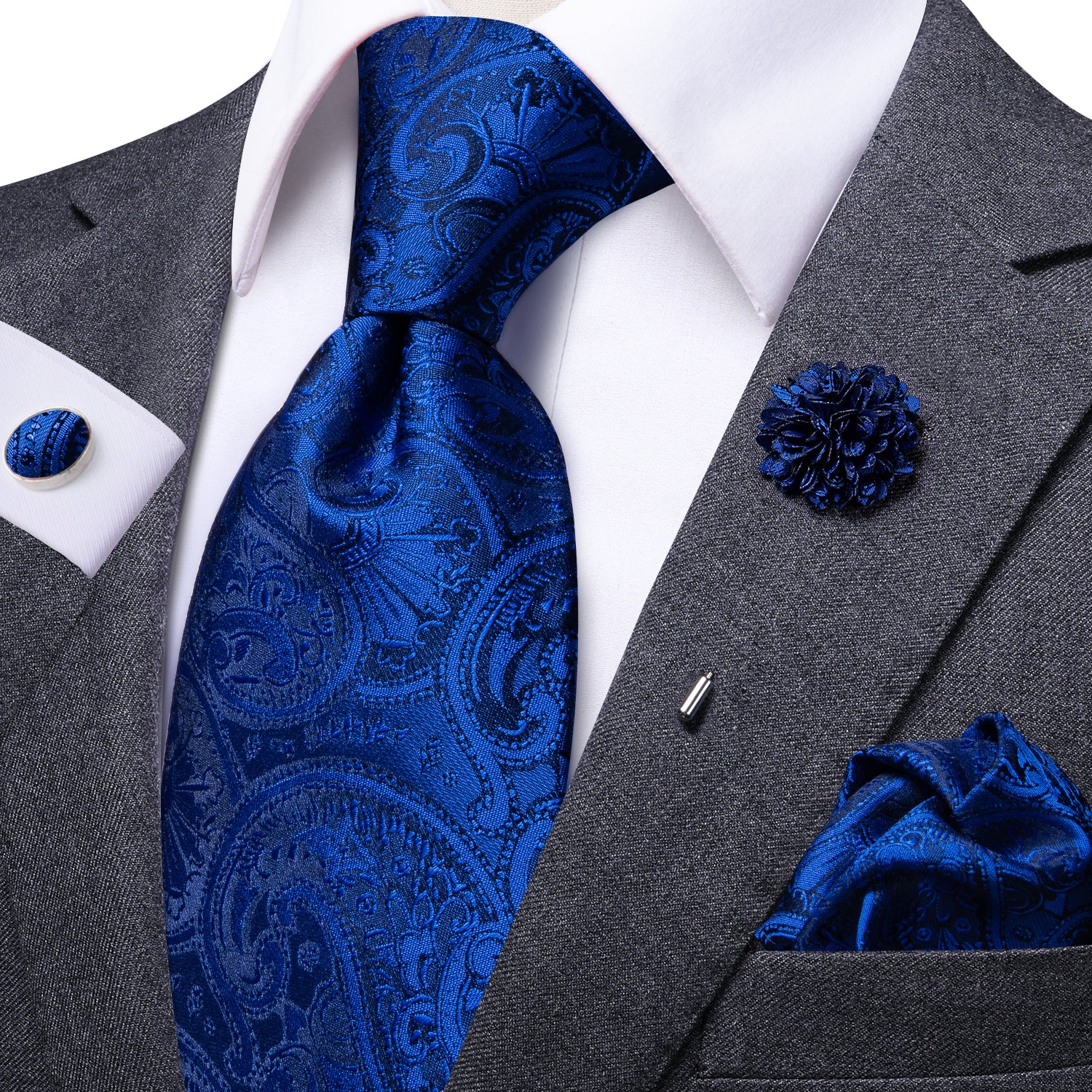 Fanstastic Blue Paisley Tie Pocket Square Cufflinks Set with Brooch