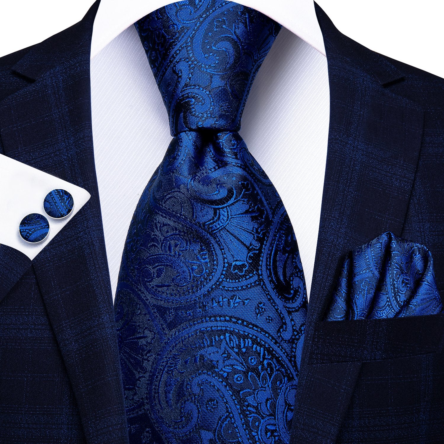 Fanstastic Blue Paisley Tie Handkerchief Cufflinks Set with Wedding Brooch