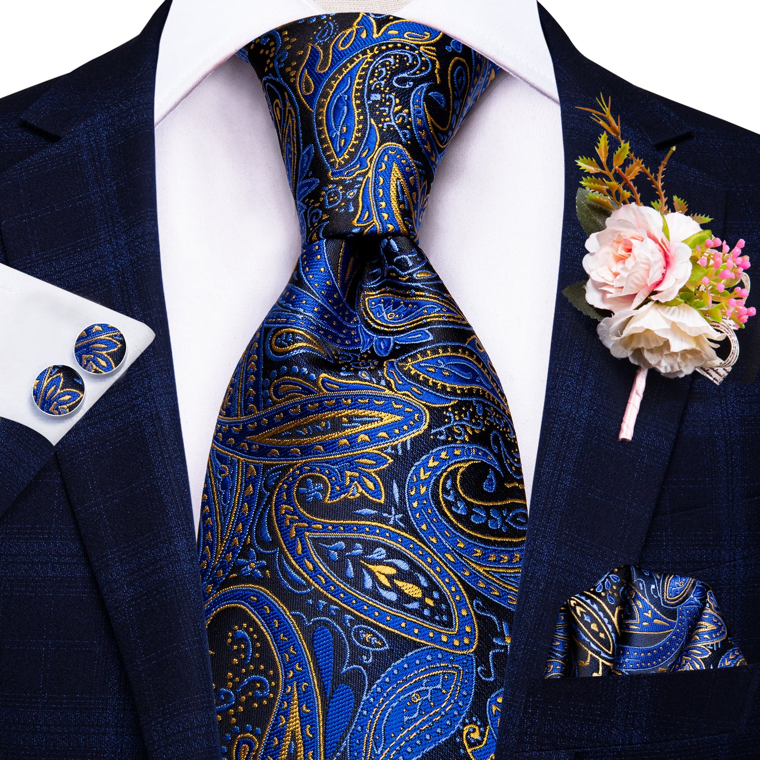 Blue Yellow Paisley Tie Handkerchief Cufflinks Set with Wedding Brooch