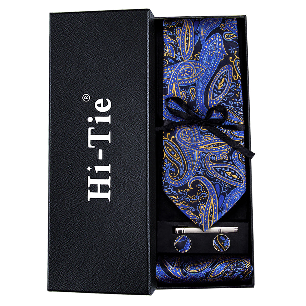 Blue Yellow Paisley Tie Pocket Square Cufflinks Set Gift Box Set