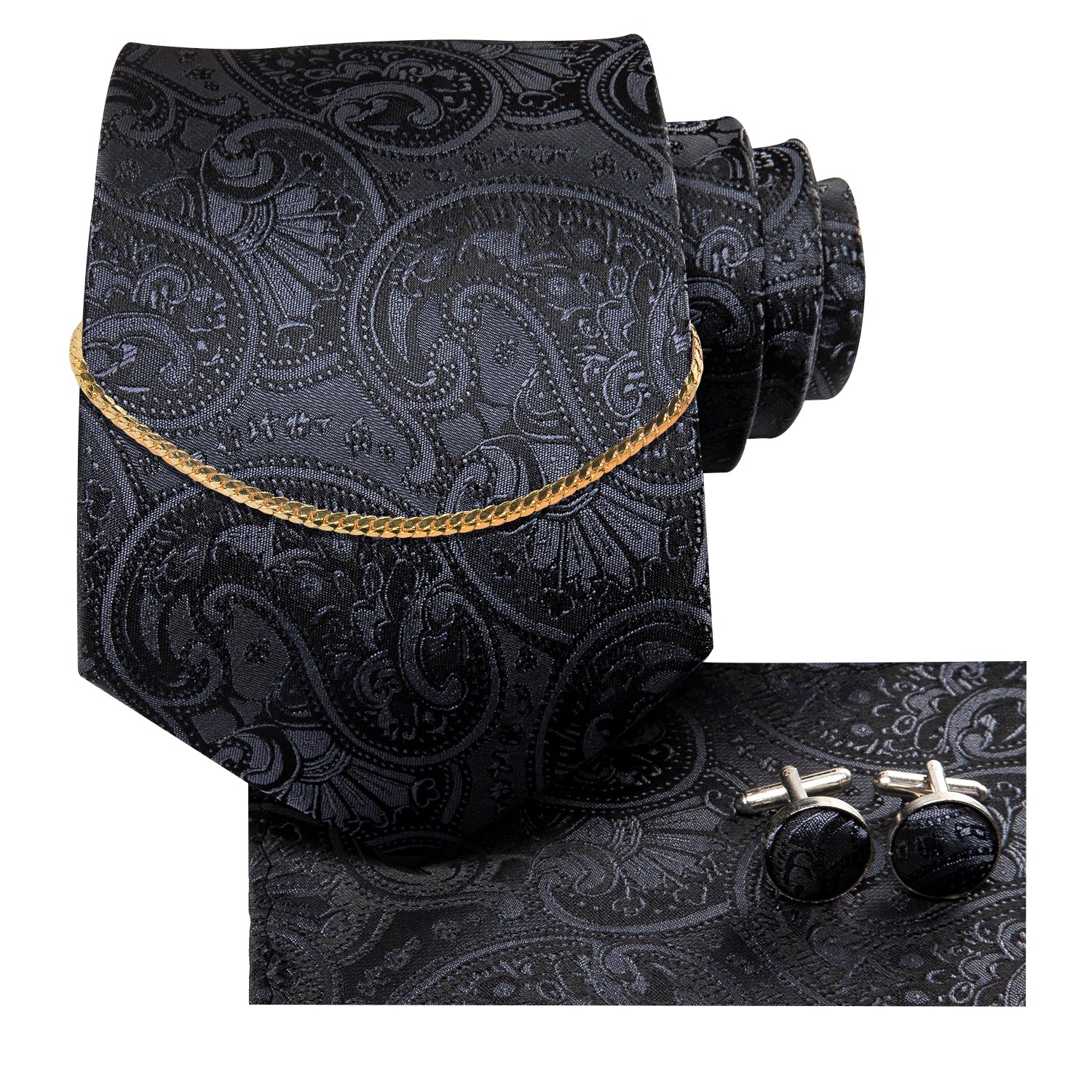 Classic Black Floral Silk Men's Tie Hanky Cufflinks Set With Golden Chain