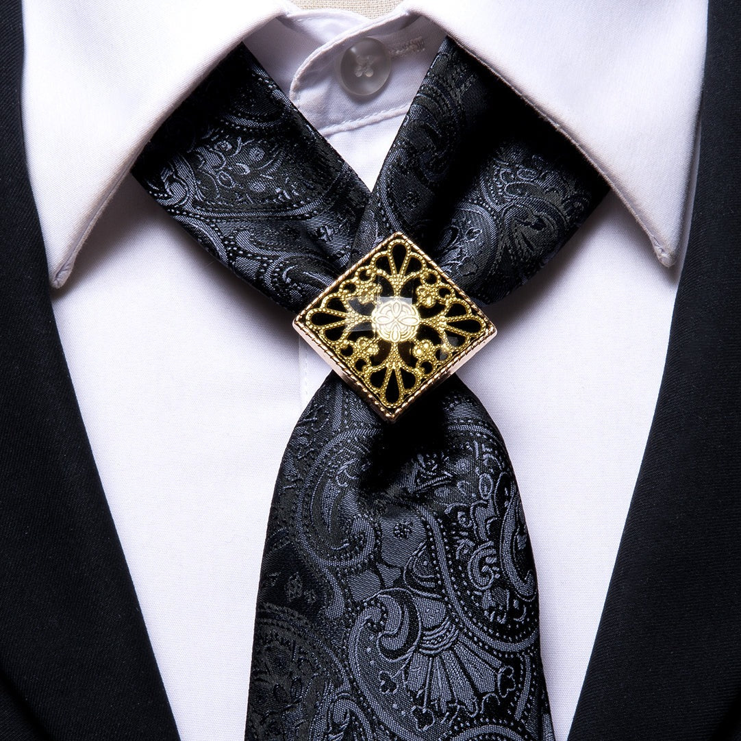 Black Paisley Poirot Tie Ring Hanky Cufflinks Set
