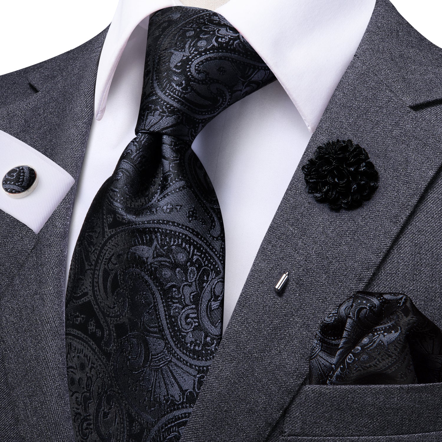 Classic Black Floral Silk Men's Tie Hanky Cufflinks Set with Brooch