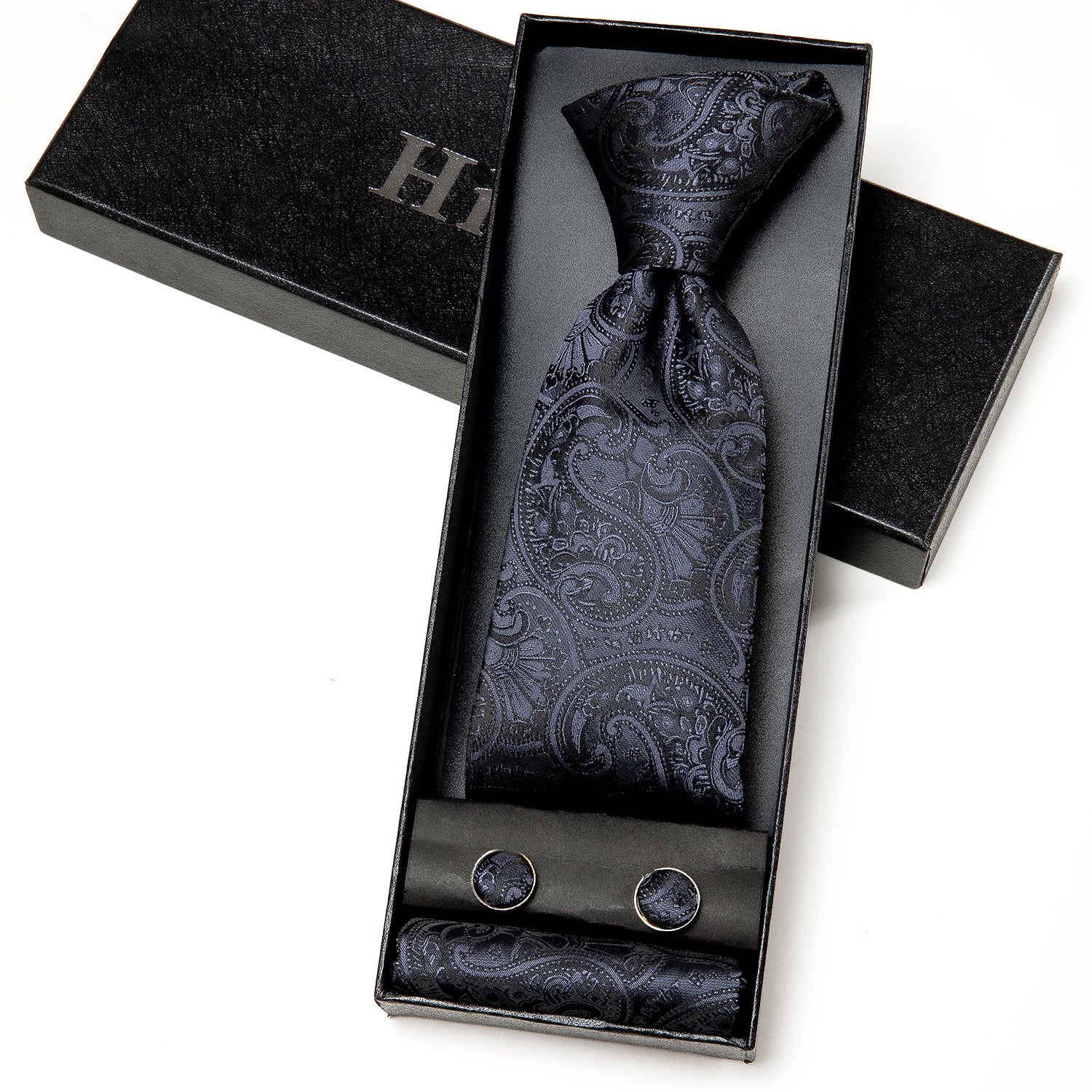 Classic Black Floral Silk Men's Tie Hanky Cufflinks Set Gift Box Set